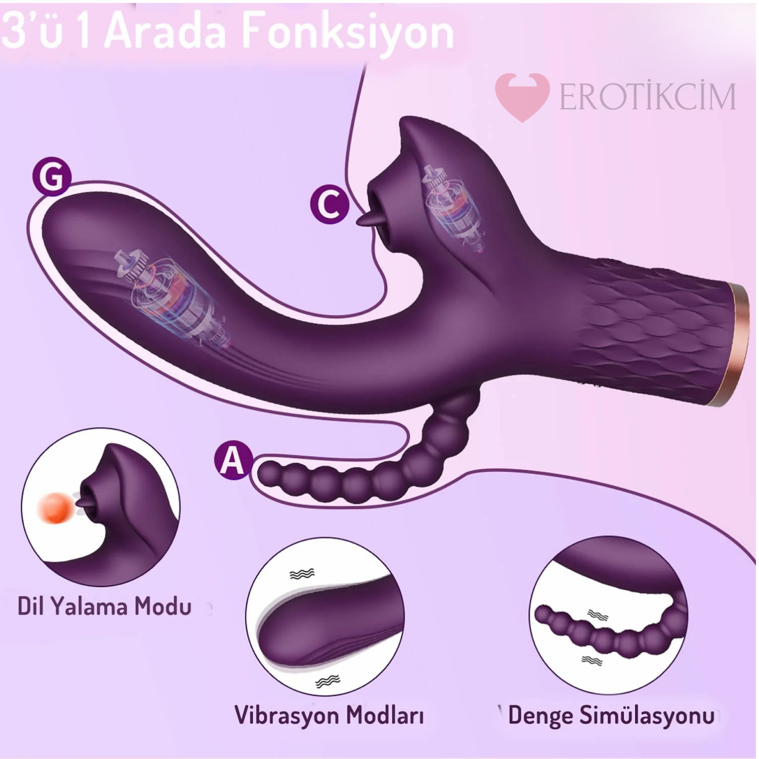 Erotikcim - 3'ü 1 Arada Doyumsuz Premium Vibratör – Titreşim ve Darbe - Mor