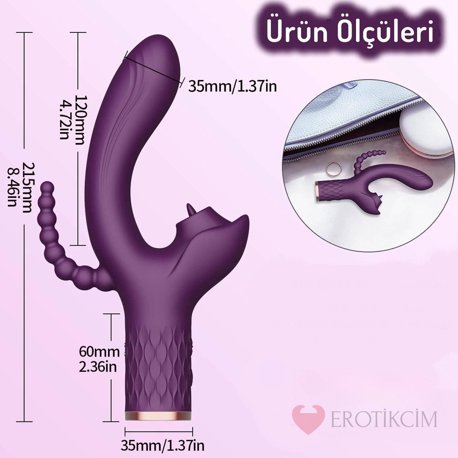 Erotikcim - 3'ü 1 Arada Doyumsuz Premium Vibratör – Titreşim ve Darbe - Mor