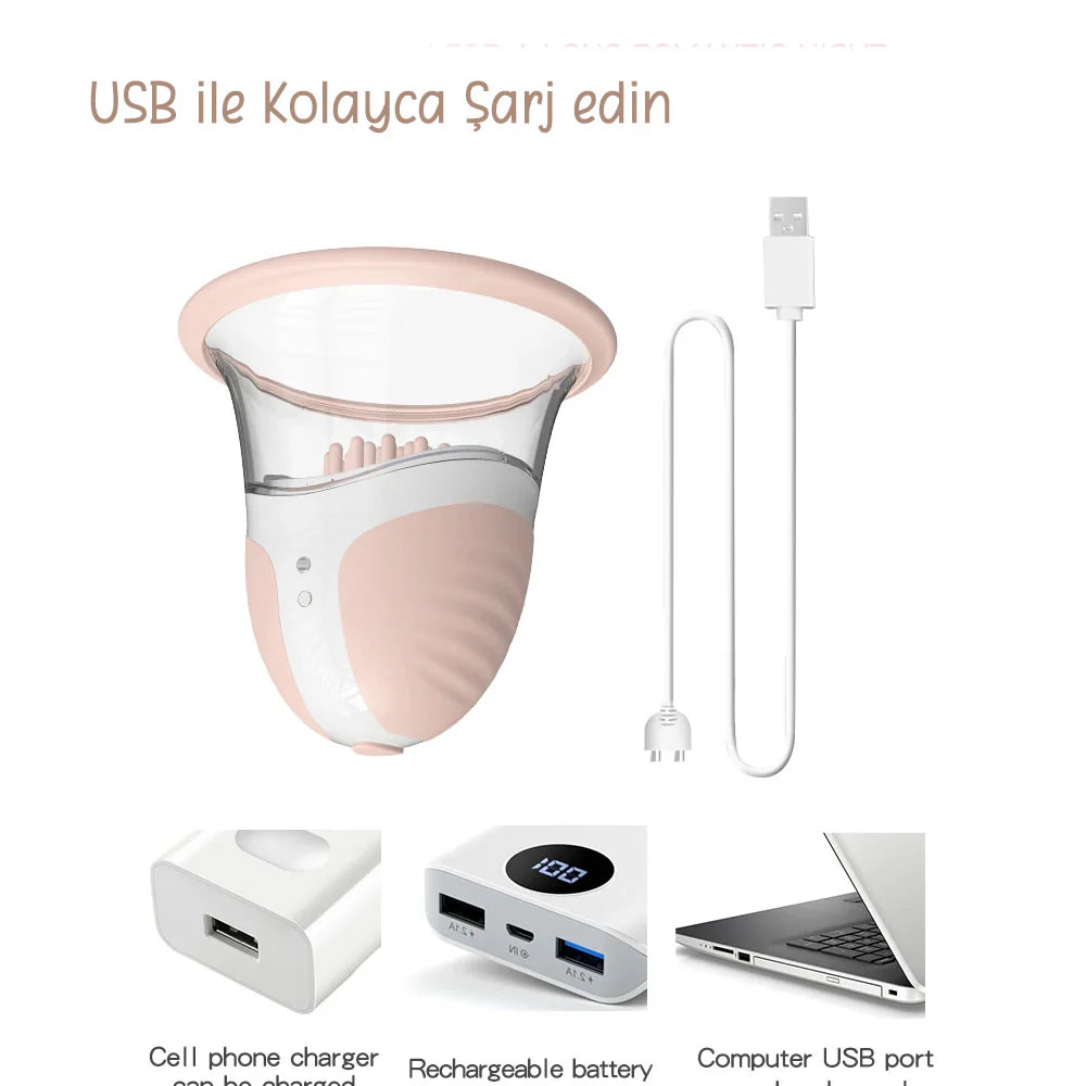 Erotikcim - Göğüs Ucu Vibratörü, Gıdıklama, Yalama, Orgazm ve Zevk Artırıcı, G Noktası Simülatörü, 10 Rotasyon