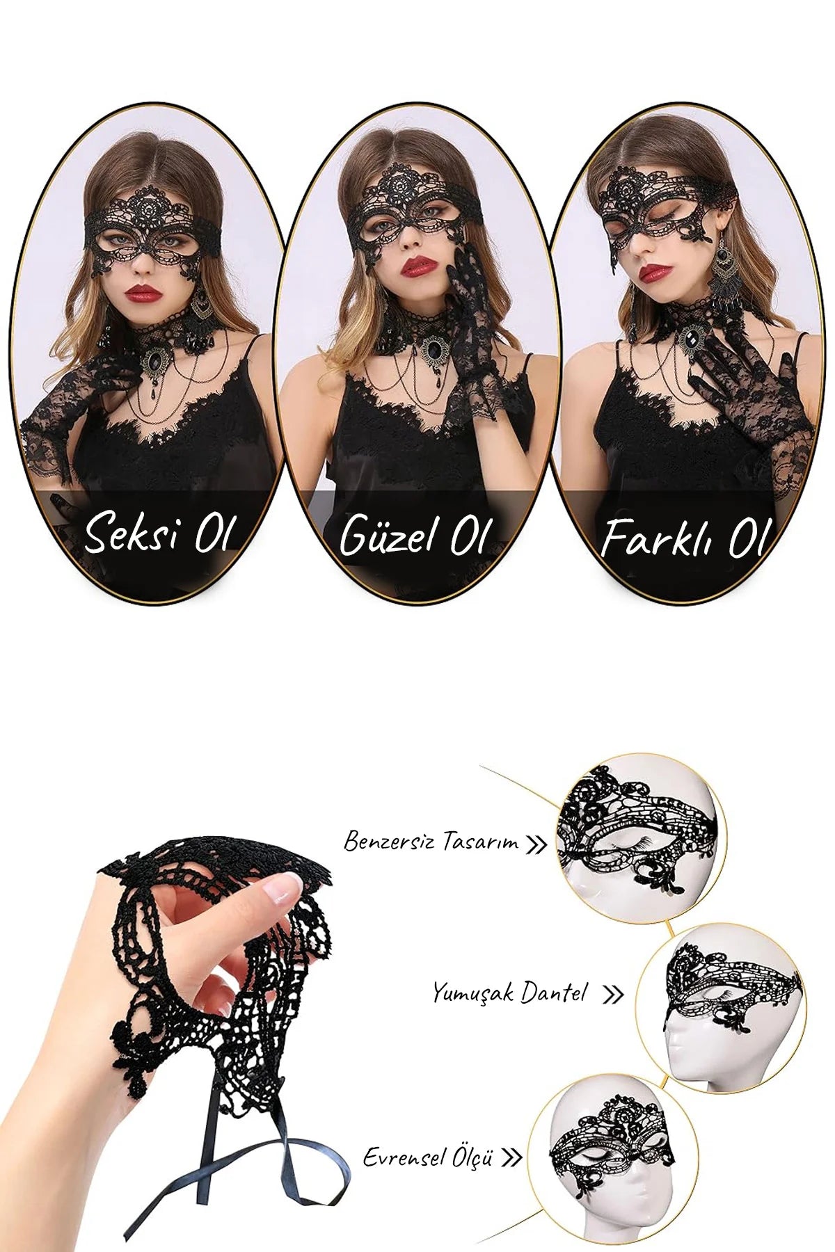 Erotikcim - Siyah Dantelli Fantezi Maske - Parti, Düğün, Balo, Mezuniyet, Özel Gece Maskesi