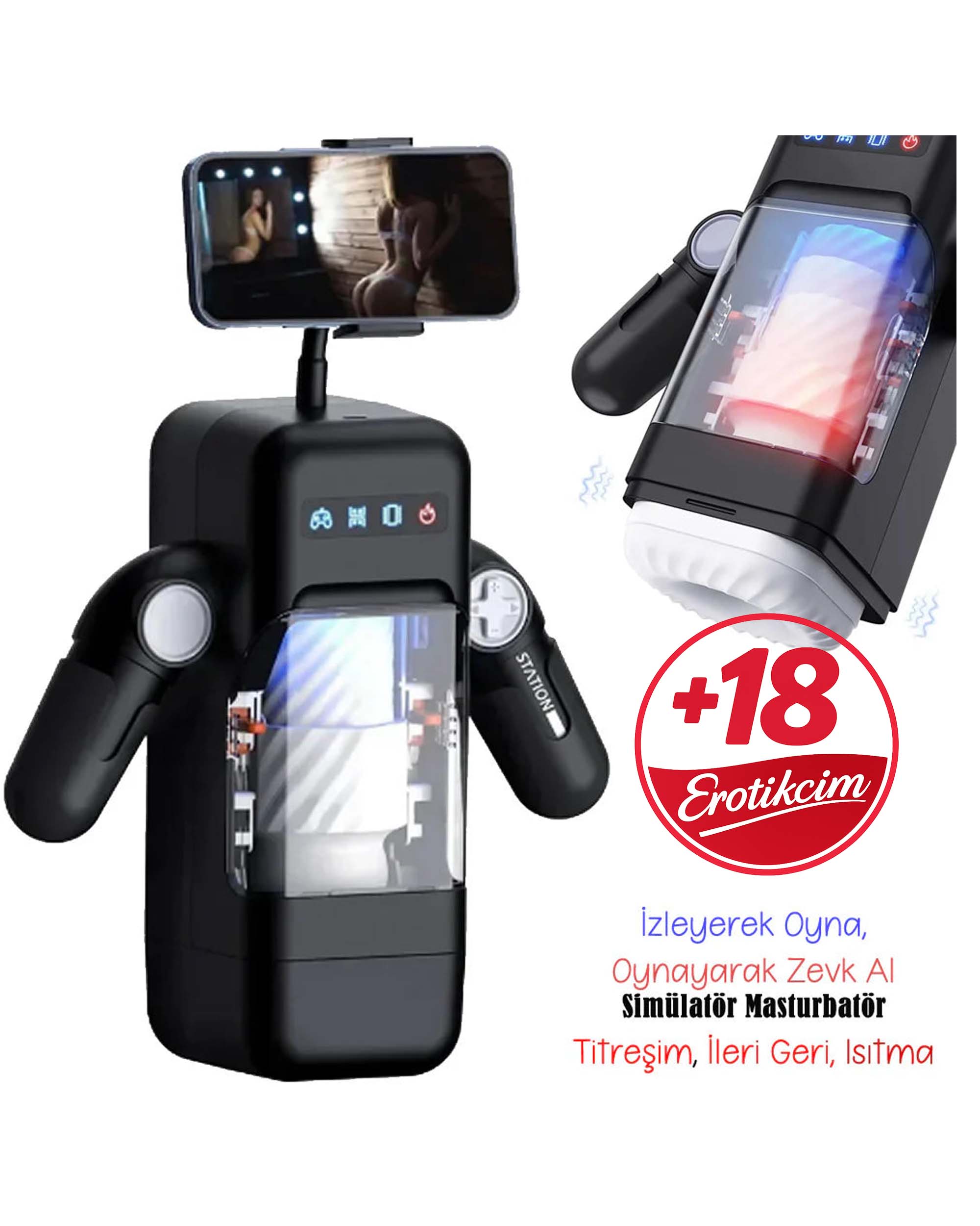 Erotikcim - Full Fonksiyon Telefon Tutuculu, Otomatik ileri Geri Hareket Fonksiyonlu, Isıtıcılı, Titreşimli Mastürbatör