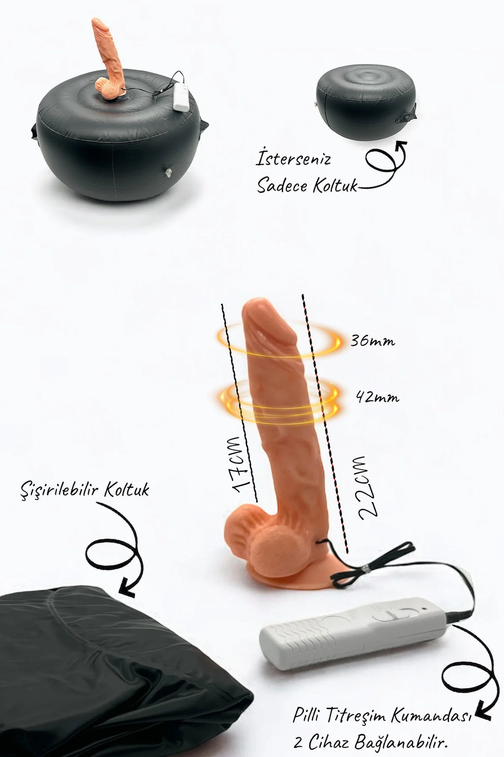 Erotikcim - Şişme Koltuklu Titreşimli Testisli Dildo - Şişme Koltuk ve Titreşimli Vibratör Dildo
