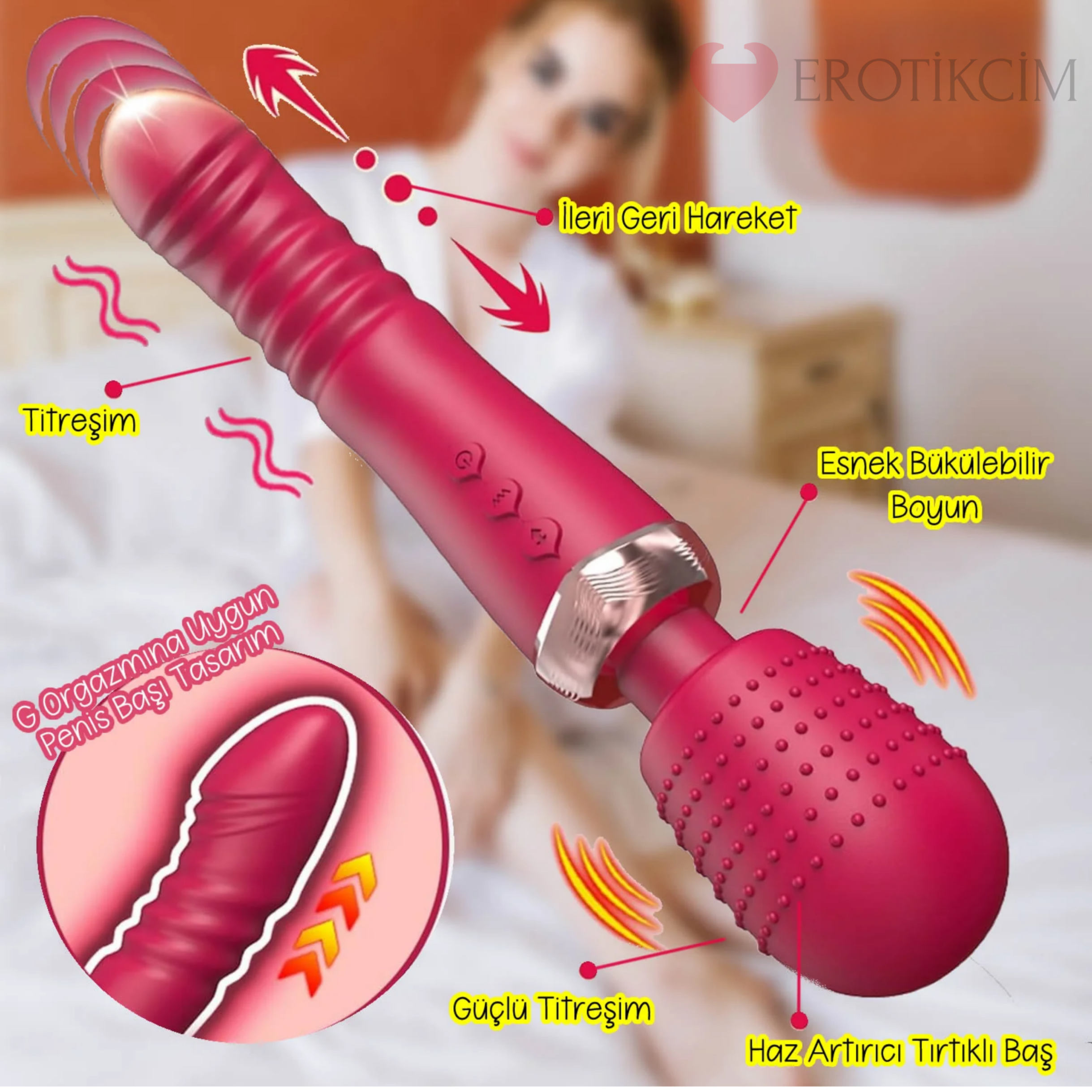 Erotikcim - Üç Motorlu Topuzlu Teleskopik Güçlü Vibratör