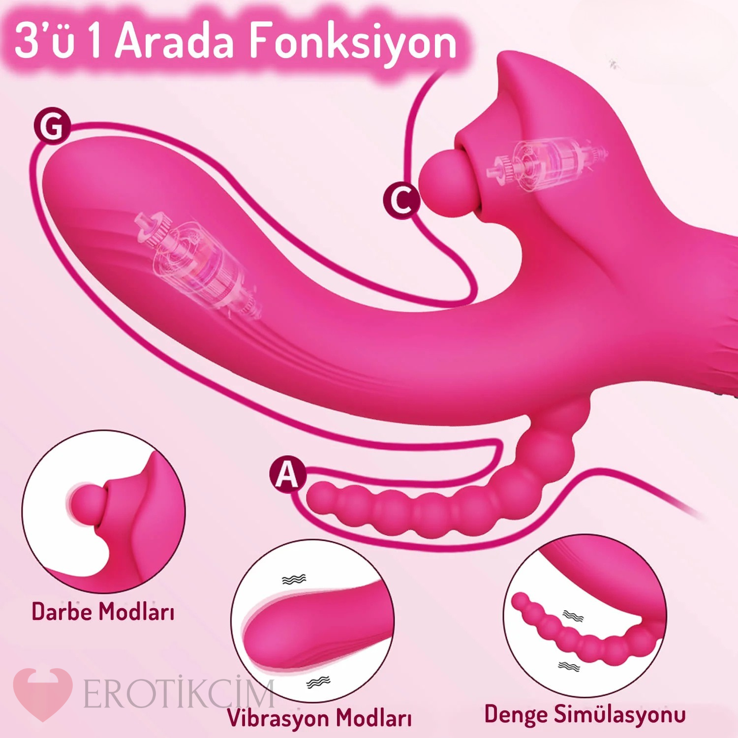 Erotikcim - 3'ü 1 Arada Doyumsuz Premium Vibratör – Titreşim ve Yalama - Pembe