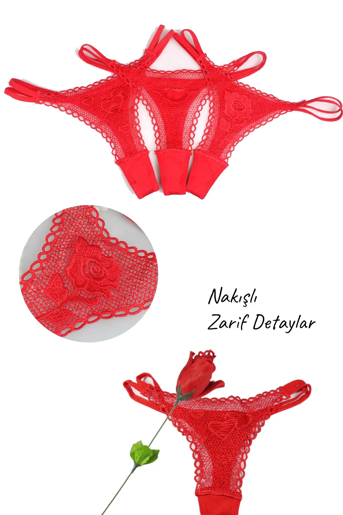 Erotikcim - Sexy Gül Fantazi İç Çamaşırı - Sevgiliye Hediye Kırmızı File Detaylı G-String