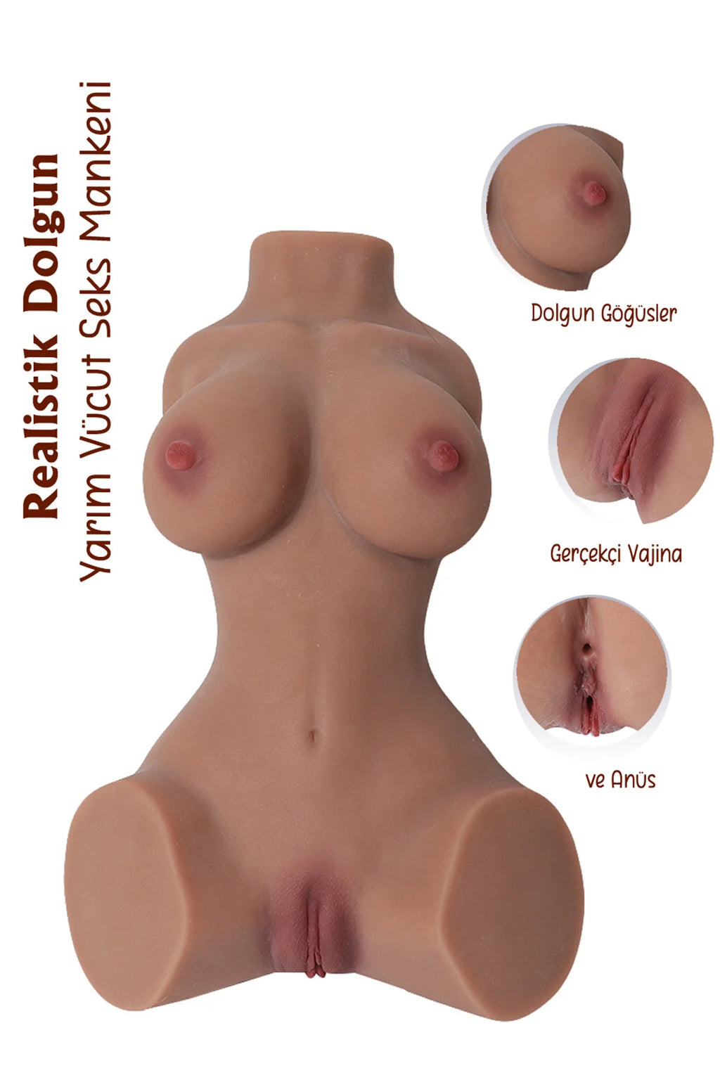 Erotikcim - Güçlü 7 Titreşim Fonksiyonlu, Yarım Vücut Realistik Bebek - Göğüs, Vajina ve Anüs - 33cm