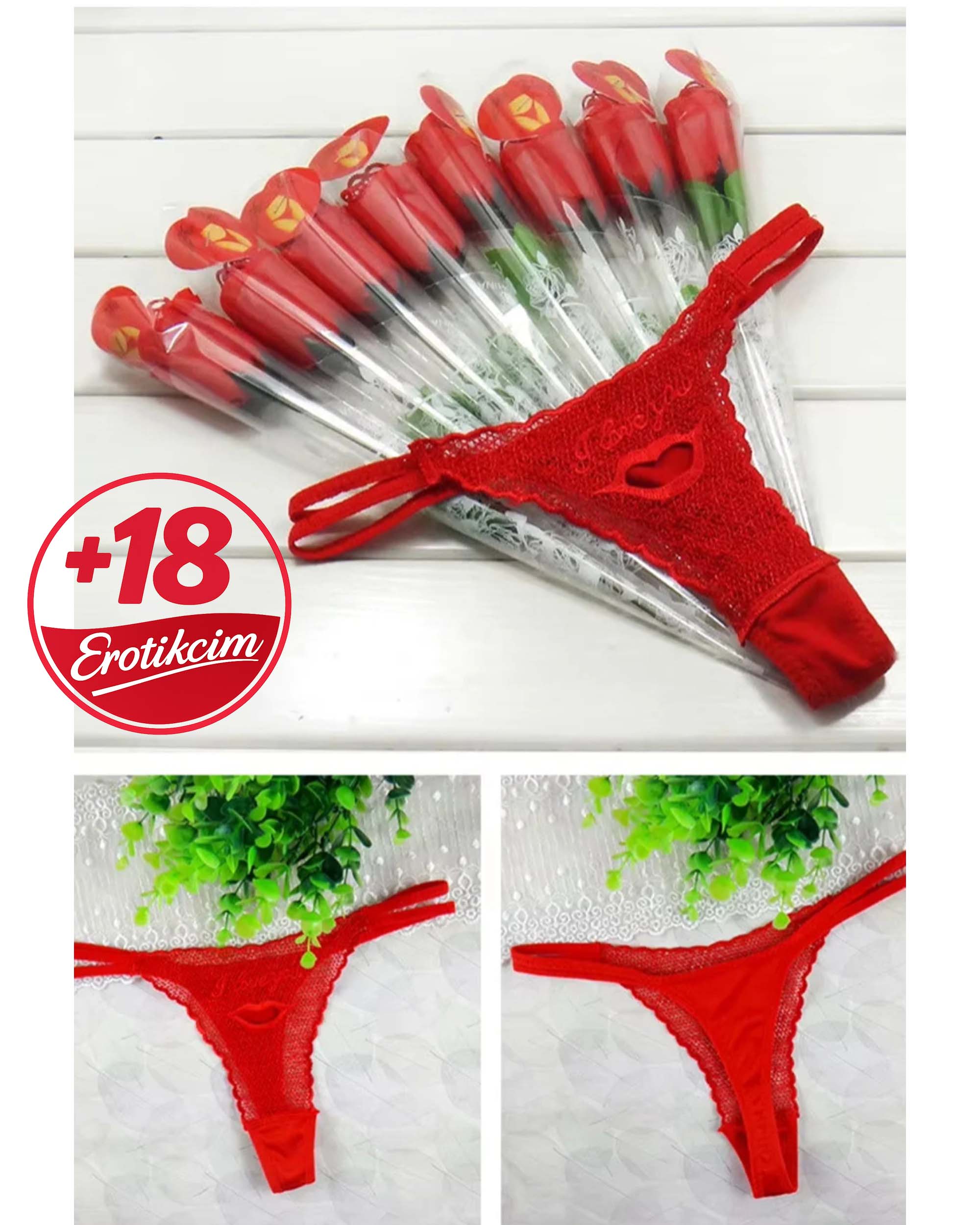 Erotikcim - Sexy Gül Fantazi İç Çamaşırı - Sevgiliye Hediye Kırmızı File Detaylı G-String
