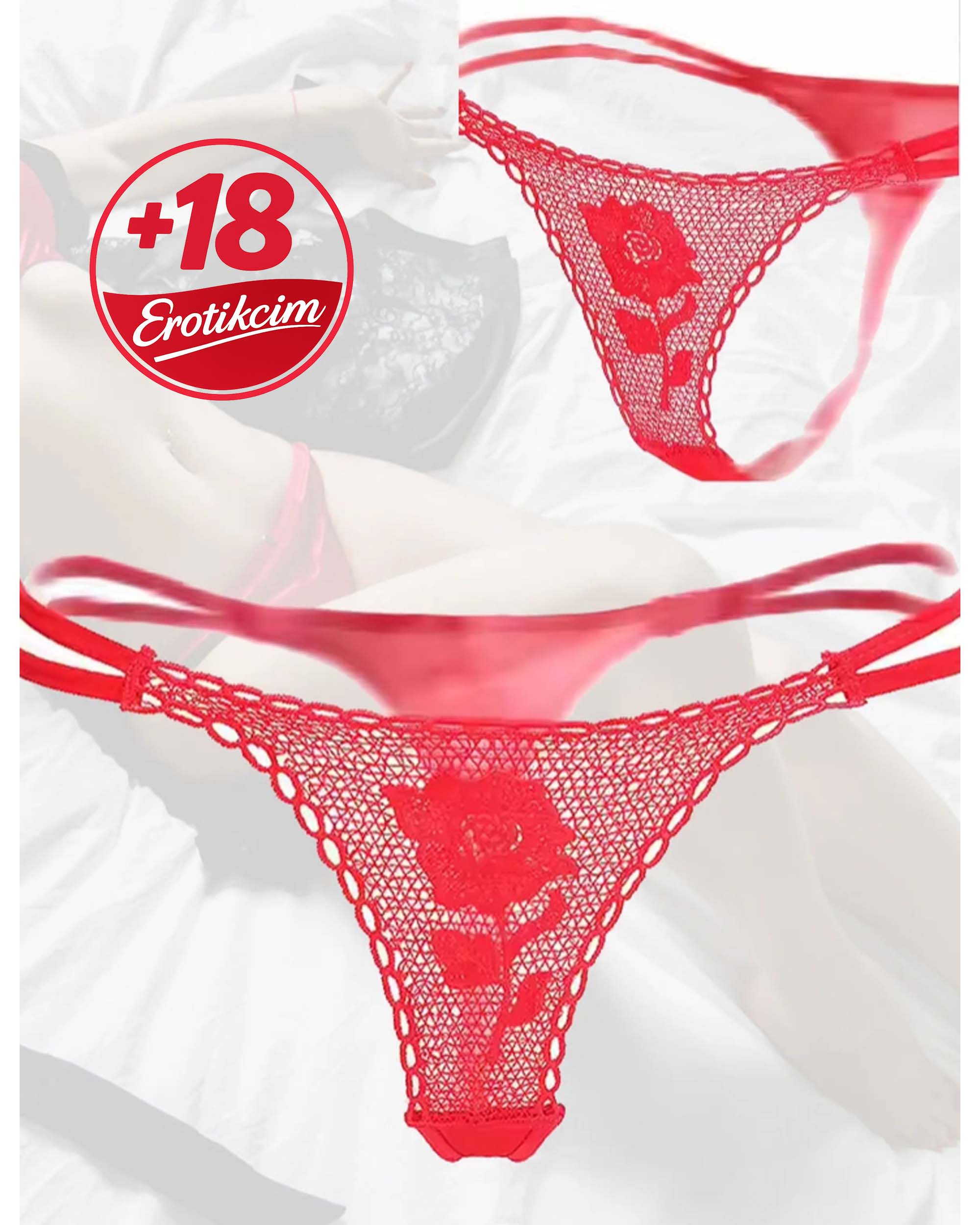 Erotikcim - Sexy Gül Fantazi İç Çamaşırı - Sevgiliye Hediye Kırmızı File Detaylı G-String