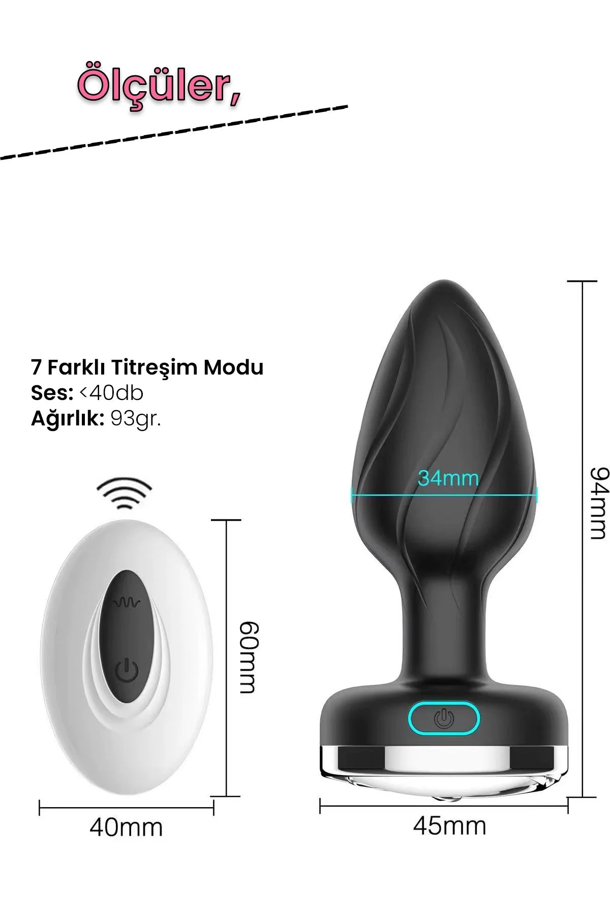 Erotikcim - Uzaktan Kumandalı Işıklı 7 Titreşim Modlu Anal Plug Vibratör - Anal Tıkaç - Orta Boy