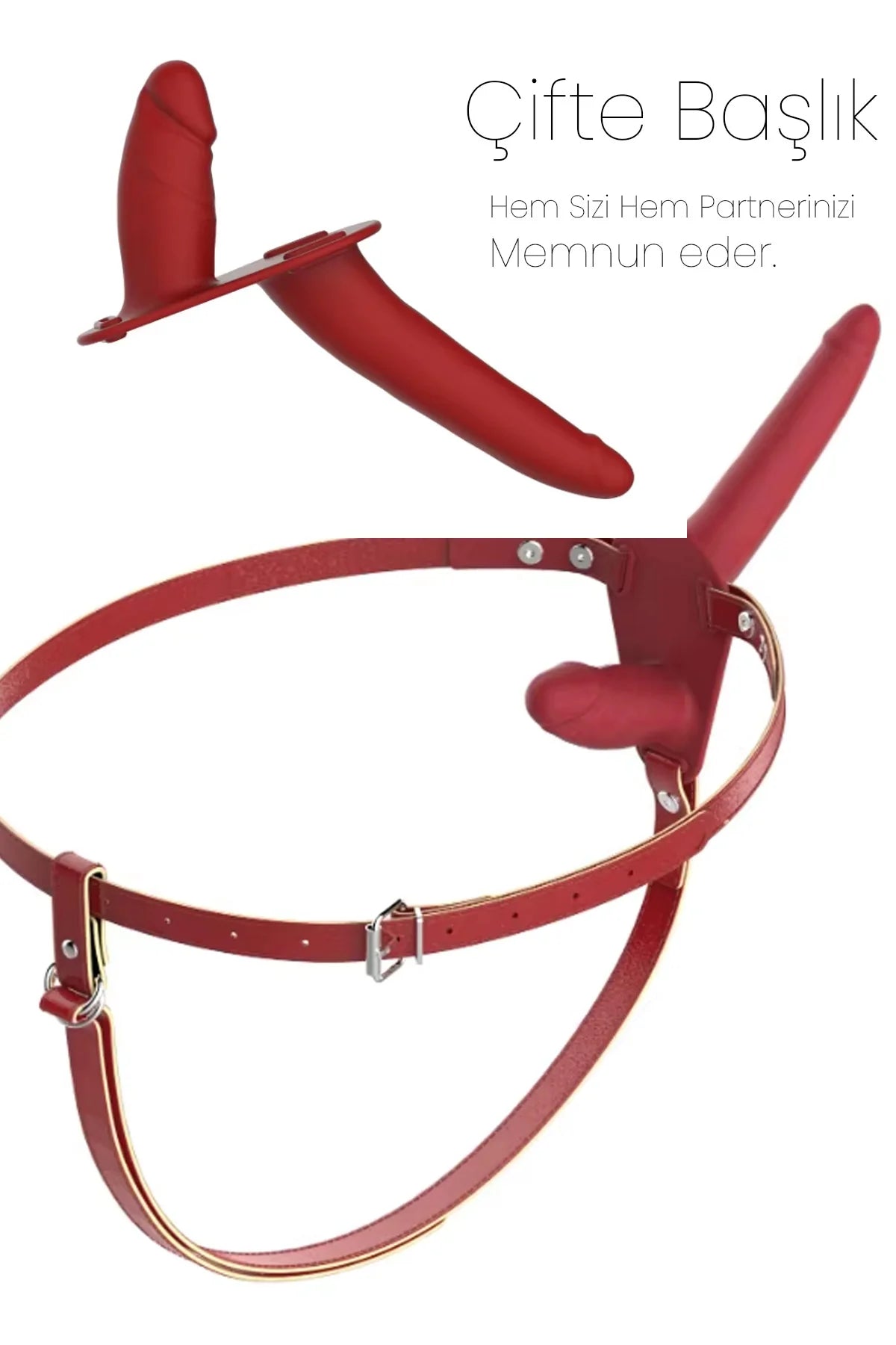 Erotikcim - Kadın Çiftler İçin Çift Yönlü Dildo Strapon Oyuncak - Double Zevk - Belden Bağlamalı - Kırmızı Tutku