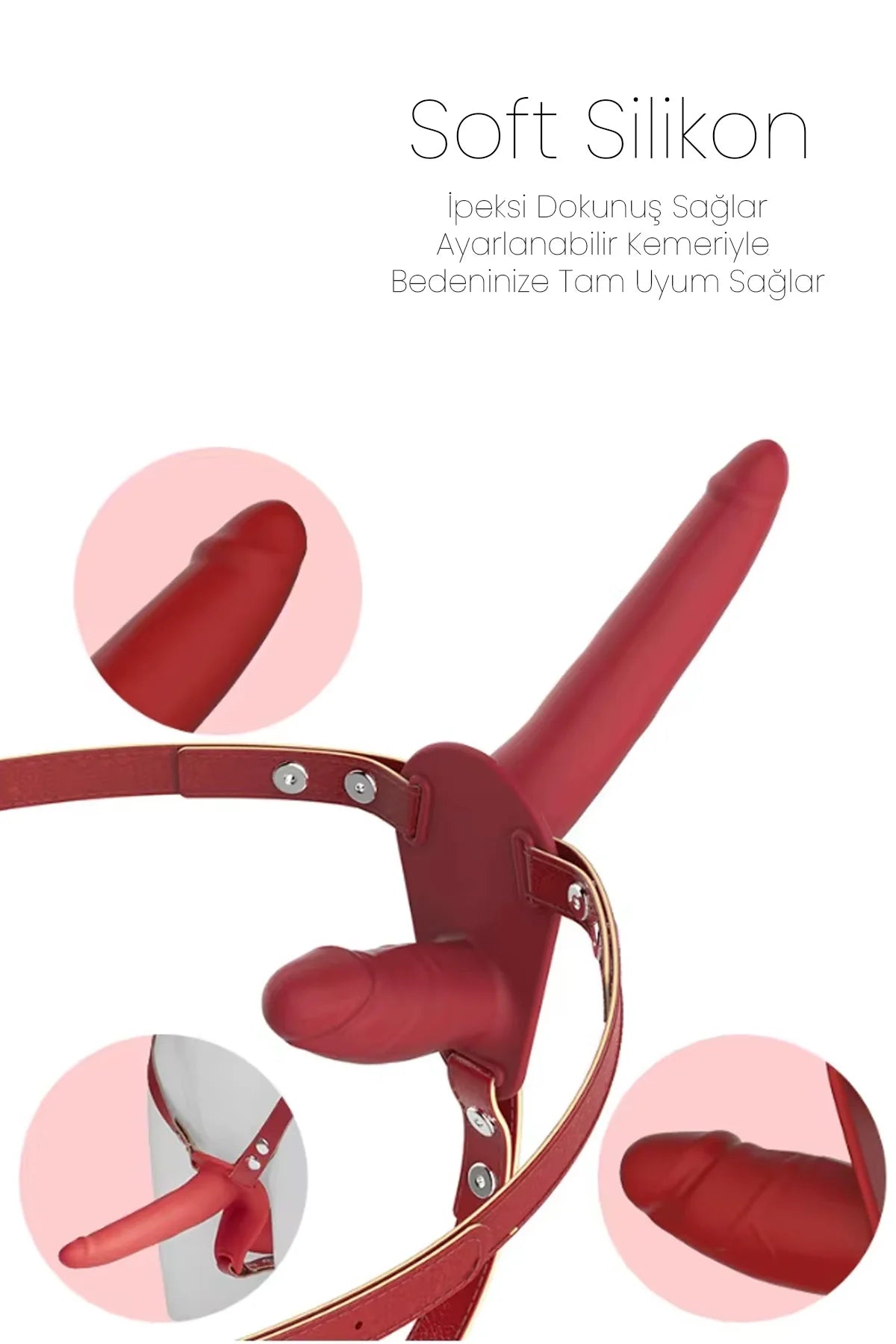 Erotikcim - Kadın Çiftler İçin Çift Yönlü Dildo Strapon Oyuncak - Double Zevk - Belden Bağlamalı - Kırmızı Tutku