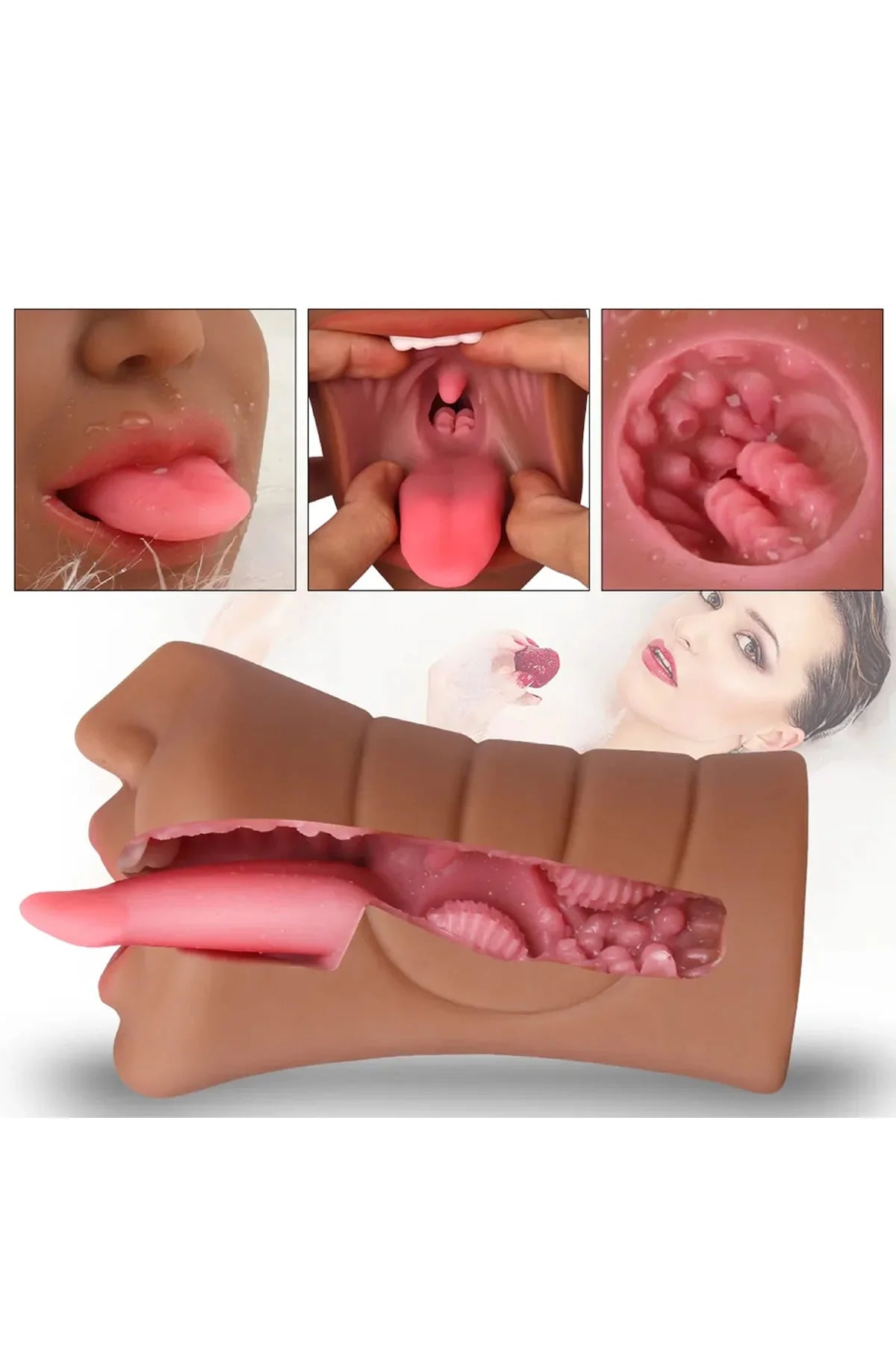 Erotikcim - 3 Boyutlu Yüz Mastürbatör - 3 Fonksiyon - Realistik - Gerçek Haz - Bronz