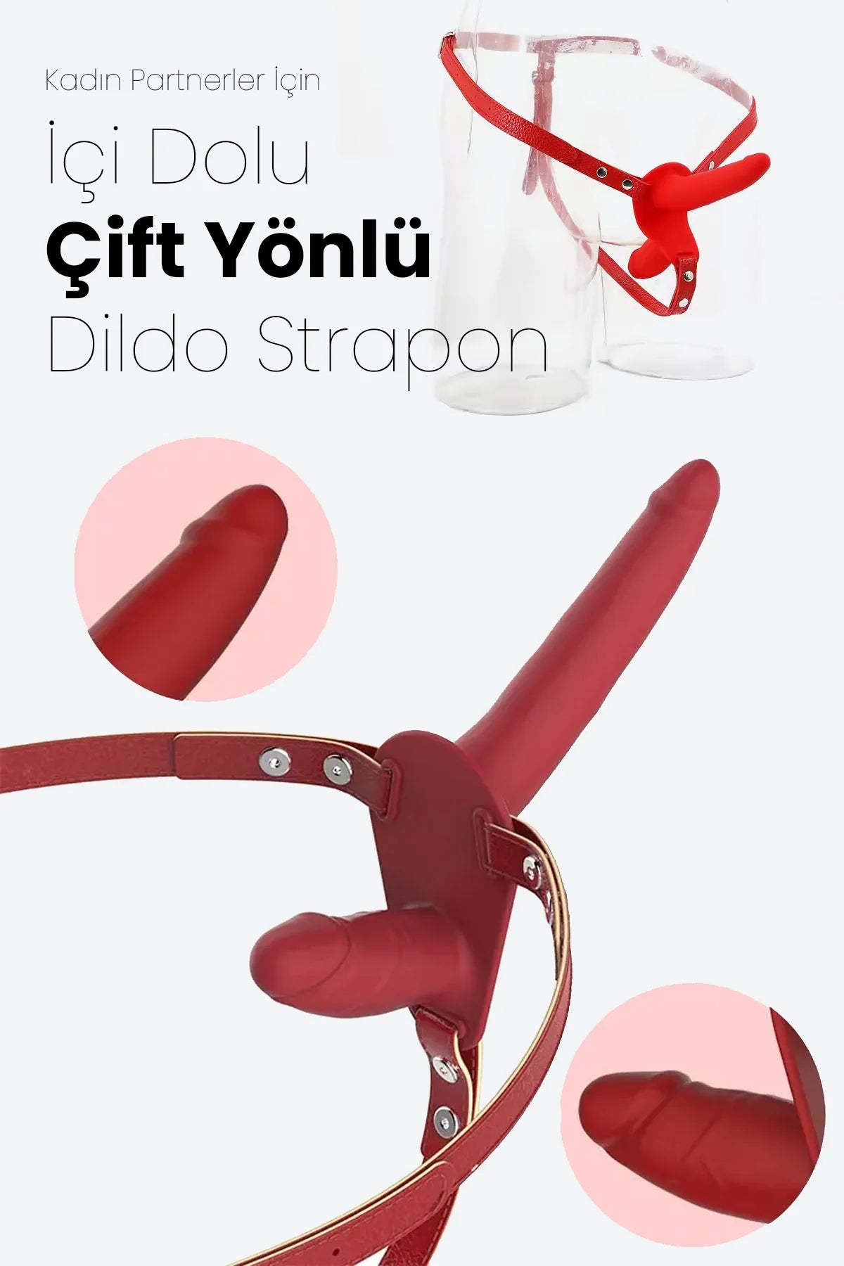 Erotikcim - Kadın Çiftler İçin Çift Yönlü Dildo Strapon Oyuncak - Double Zevk - Belden Bağlamalı - Kırmızı Tutku