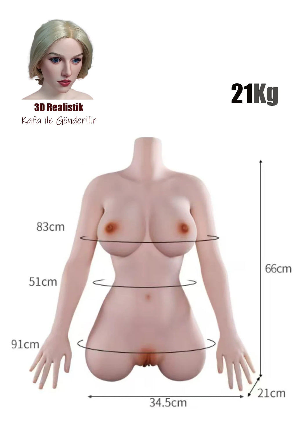 Erotikcim - Realistik Premium Sarışın Lena - 3 İşlevli - Göğüs, Anüs Vajina - 21KG - 3D Kafa